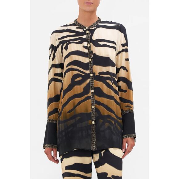 Camilla Silk Blouse Shirt Tame My Tiger Animal Print Button Down $599 S - Picture 2 of 16